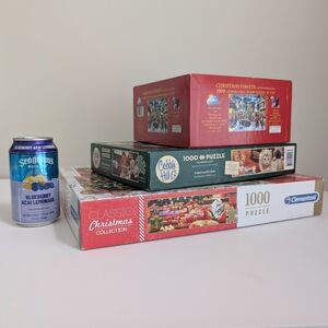 BUNDLE 3 Christmas Holiday Jigsaw Puzzle 1000 PC Fireside Dog Cat London Streets